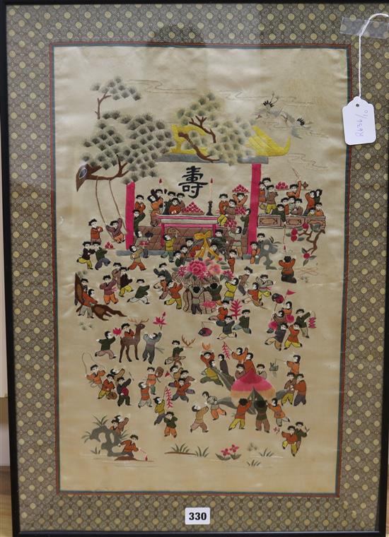 A Chinese silkwork panel of children at play, 55 x 35cm